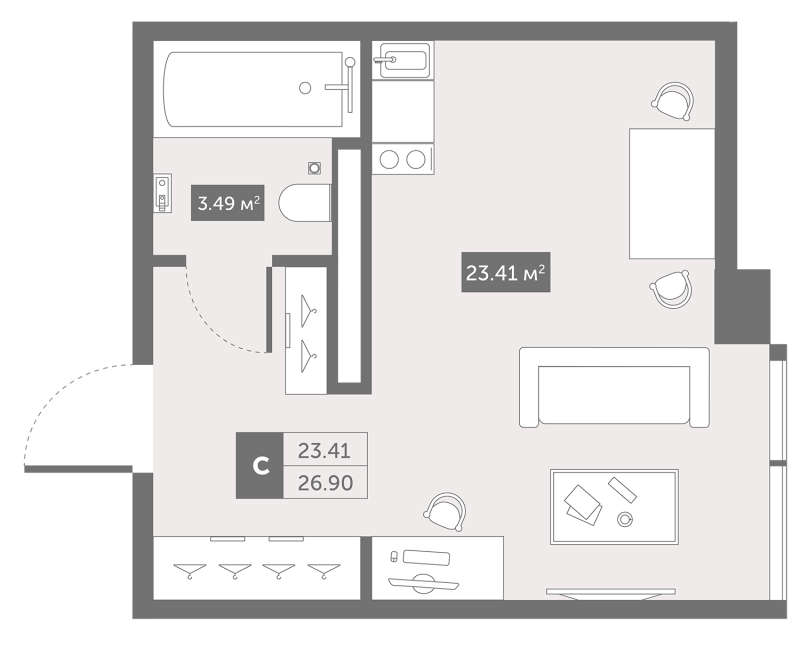 Квартира-студия, 26.9 м² в ЖК "Zoom Черная речка" - планировка, фото №1