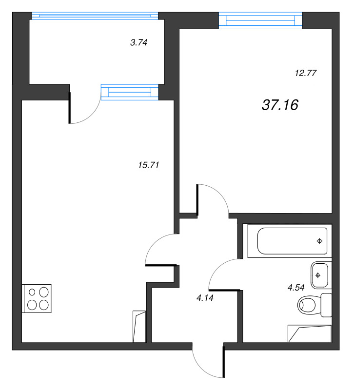 2-комнатная (Евро) квартира, 37.16 м² в ЖК "ЮгТаун" - планировка, фото №1