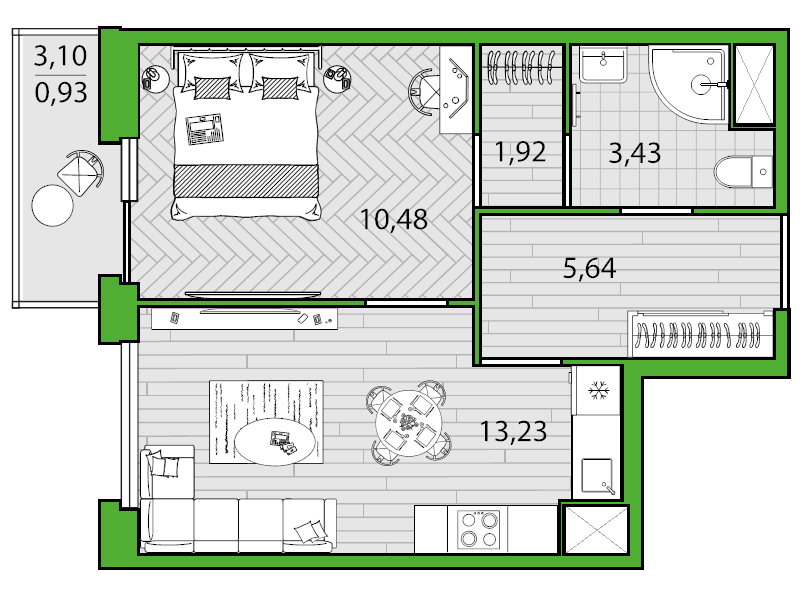 1-комнатная квартира, 34.9 м² - планировка, фото №1