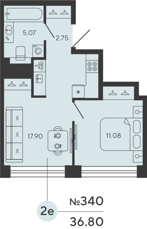 2-комнатная (Евро) квартира, 36.8 м² в ЖК "Bashni Element" - планировка, фото №1
