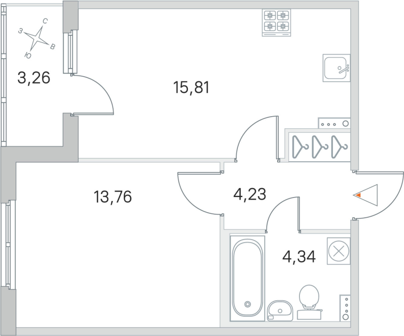 2-комнатная (Евро) квартира, 38.14 м² в ЖК "Любоград" - планировка, фото №1