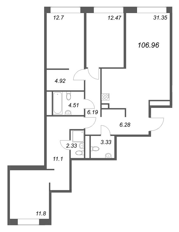 4-комнатная (Евро) квартира, 106.96 м² в ЖК "Avant" - планировка, фото №1