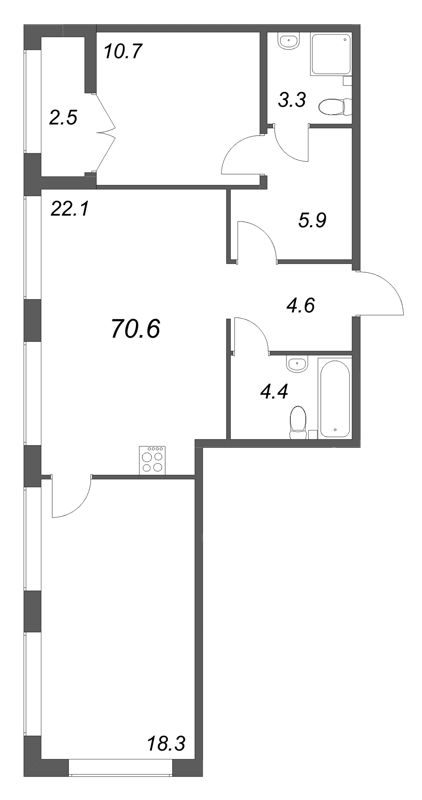 3-комнатная (Евро) квартира, 70.6 м² в ЖК "Кронунг ЮГ" - планировка, фото №1