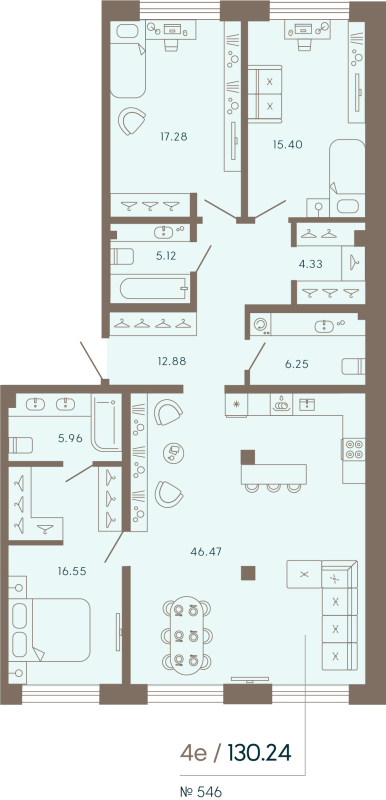 4-комнатная (Евро) квартира, 130.24 м² в ЖК "17/33 Петровский остров" - планировка, фото №1