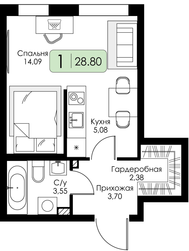 Квартира-студия, 28.8 м² в ЖК "Всевгород" - планировка, фото №1