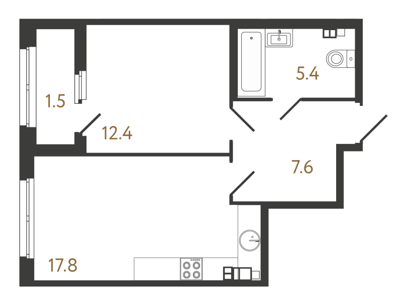 2-комнатная (Евро) квартира, 43.2 м² в ЖК "МИРЪ" - планировка, фото №1