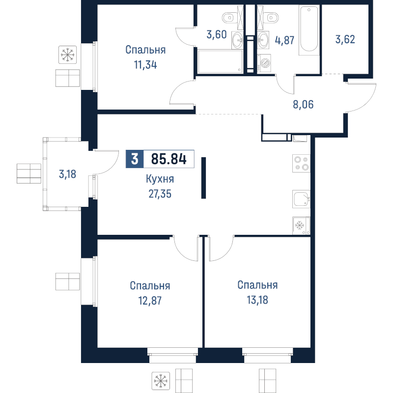 4-комнатная (Евро) квартира, 85.84 м² в ЖК "Максималист" - планировка, фото №1