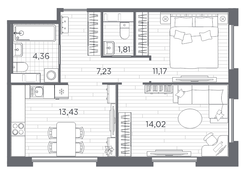 2-комнатная квартира, 52.02 м² в ЖК "PLUS Пулковский" - планировка, фото №1