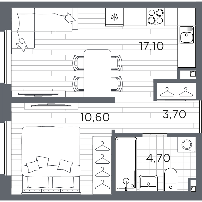 2-комнатная (Евро) квартира, 36.1 м² в ЖК "PLUS Пулковский" - планировка, фото №1