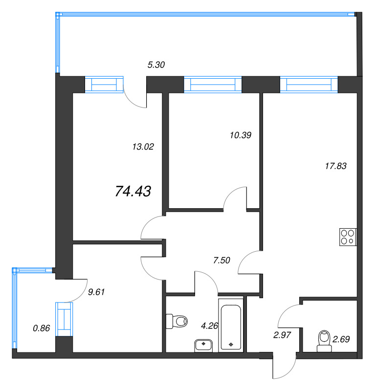 3-комнатная квартира, 74.43 м² в ЖК "Капральский берег" - планировка, фото №1