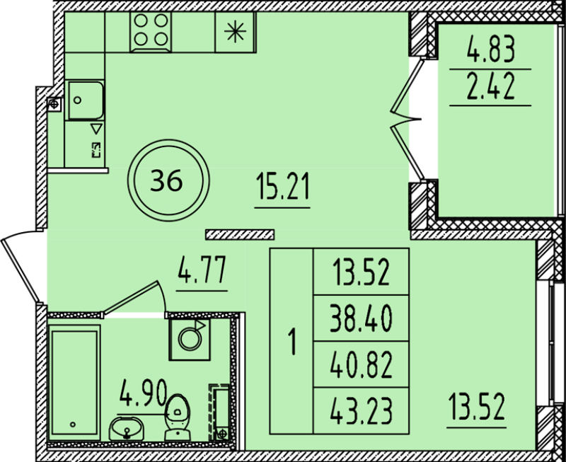 1-комнатная квартира, 38.4 м² в ЖК "Образцовый квартал 14" - планировка, фото №1