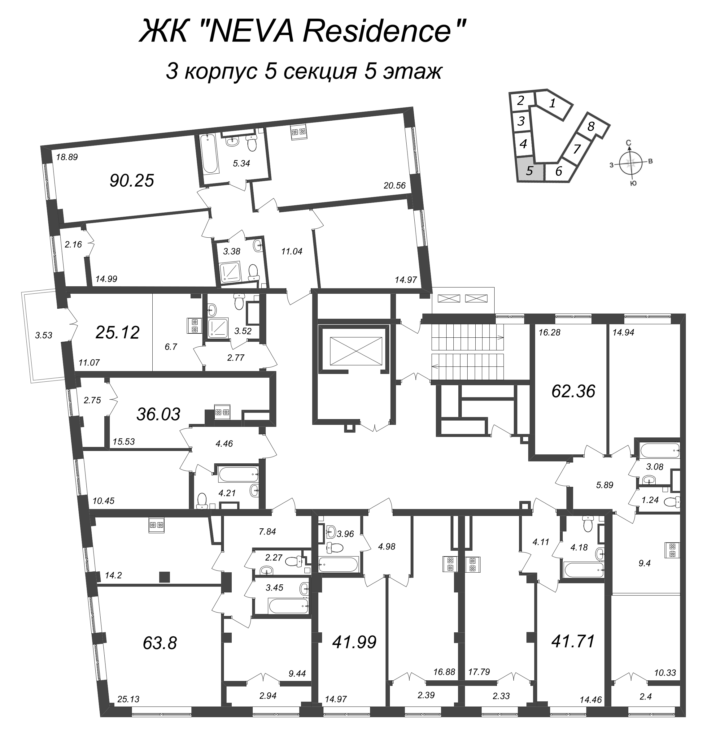 2-комнатная квартира, 63.8 м² в ЖК "Neva Residence" - планировка этажа