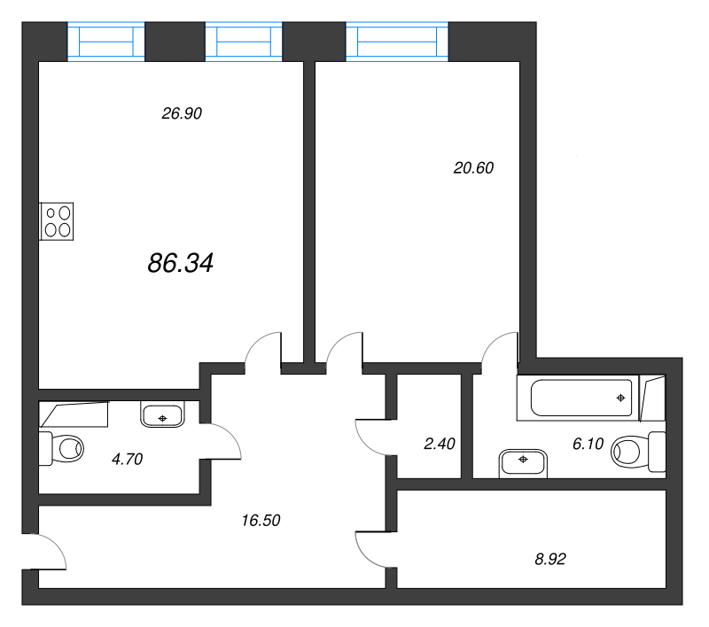 2-комнатная (Евро) квартира, 89.2 м² - планировка, фото №1