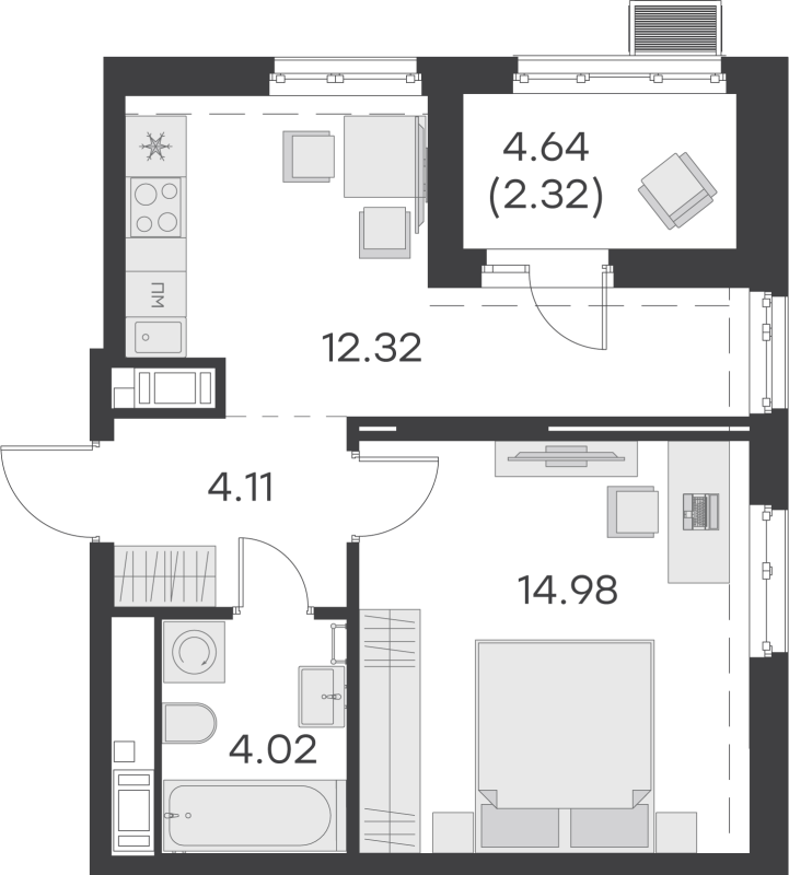 1-комнатная квартира, 37.75 м² - планировка, фото №1