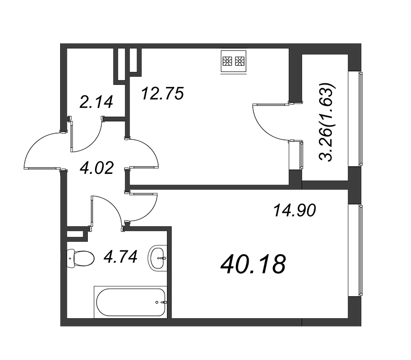 1-комнатная квартира, 40.4 м² - планировка, фото №1
