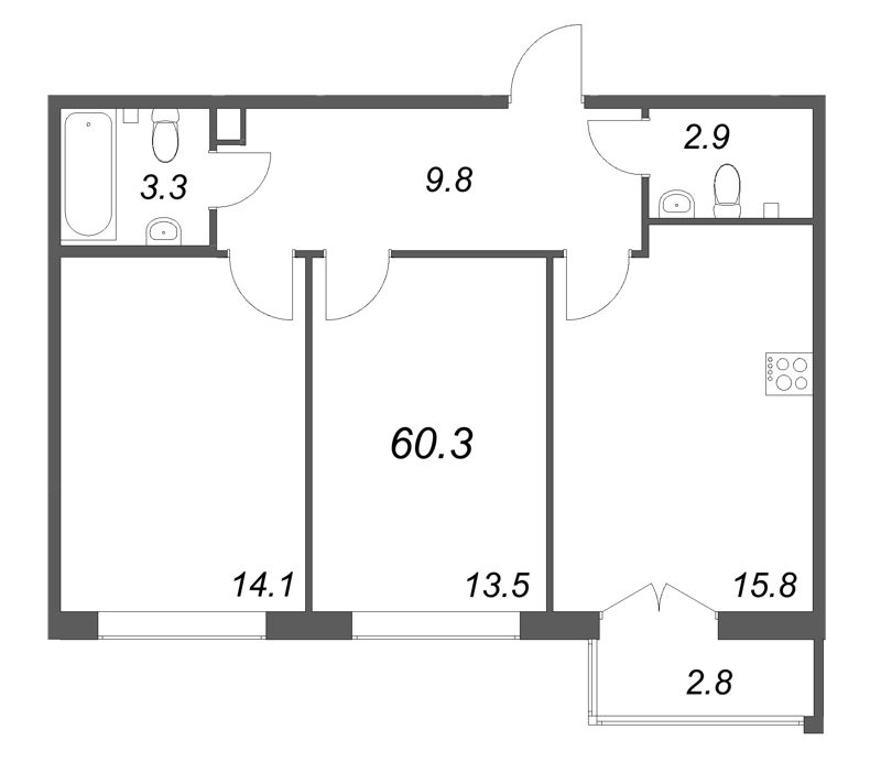 3-комнатная (Евро) квартира, 60.3 м² в ЖК "Кронунг ЮГ" - планировка, фото №1
