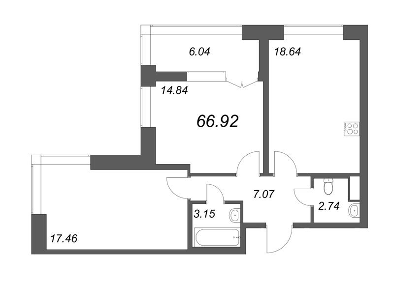 3-комнатная (Евро) квартира, 66.92 м² - планировка, фото №1