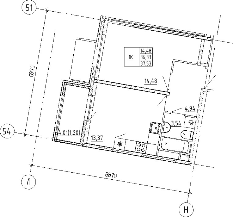 1-комнатная квартира, 37.53 м² - планировка, фото №1