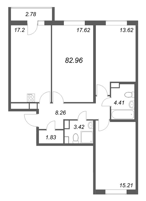 3-комнатная квартира, 82.96 м² в ЖК "Кинопарк" - планировка, фото №1