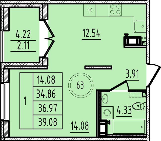 1-комнатная квартира, 34.86 м² в ЖК "Образцовый квартал 14" - планировка, фото №1