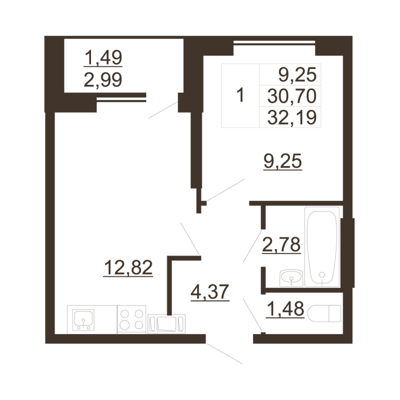 1-комнатная квартира, 32.19 м² - планировка, фото №1