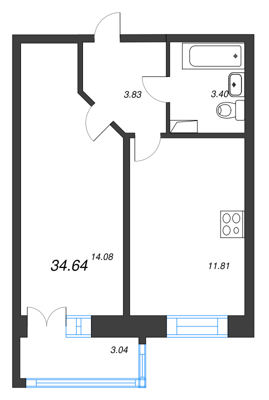 1-комнатная квартира, 34.64 м² - планировка, фото №1