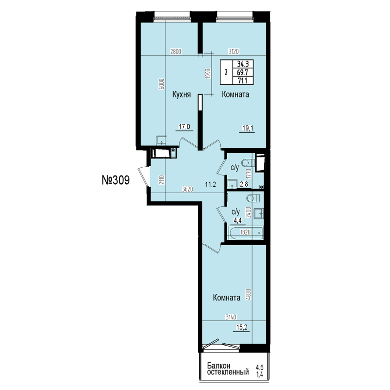 3-комнатная (Евро) квартира, 71.1 м² в ЖК "ПРАГМА СИТИ" - планировка, фото №1