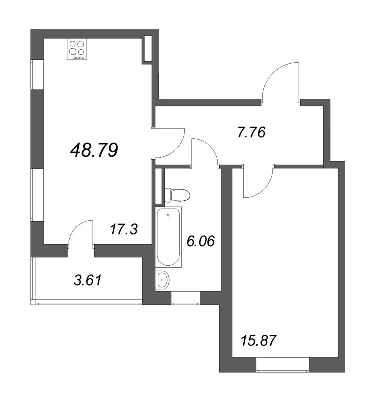 2-комнатная (Евро) квартира, 48.79 м² в ЖК "Новая история" - планировка, фото №1