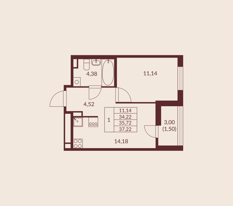 1-комнатная квартира, 35.72 м² в ЖК "Амурино" - планировка, фото №1