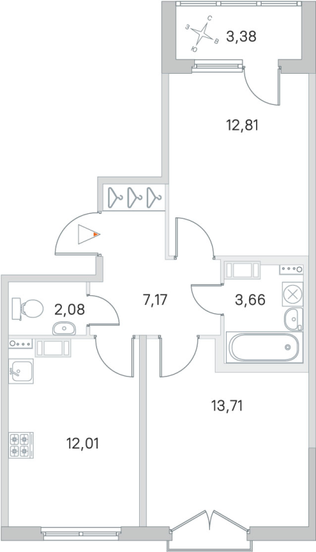 2-комнатная квартира, 51.44 м² - планировка, фото №1