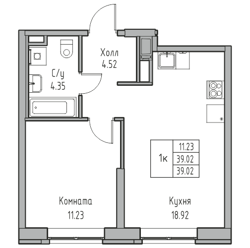 2-комнатная (Евро) квартира, 39.02 м² в ЖК "Юнтолово" - планировка, фото №1