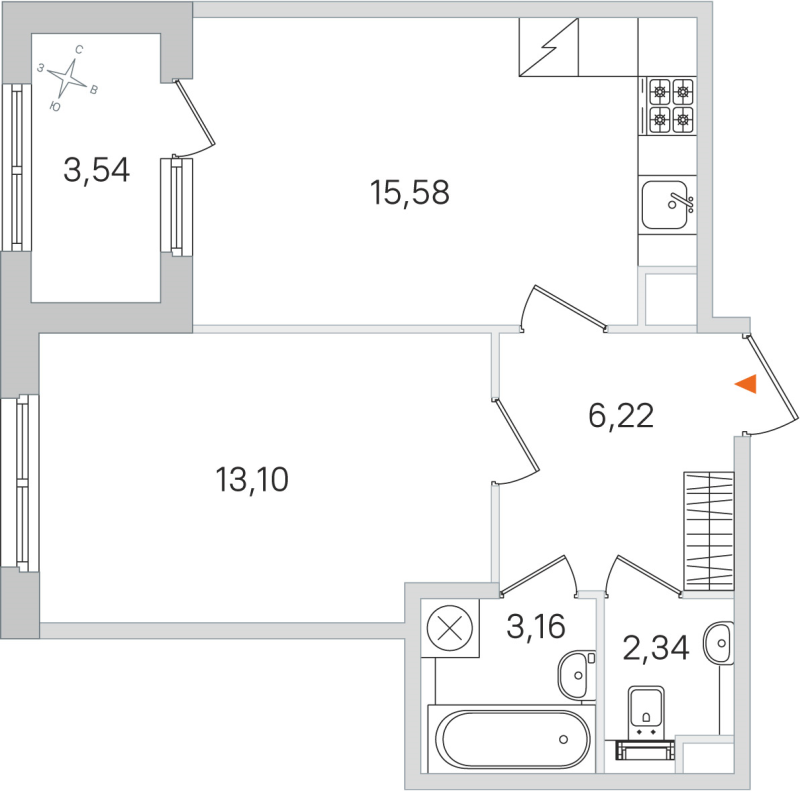 2-комнатная (Евро) квартира, 40.4 м² в ЖК "Дубровский" - планировка, фото №1
