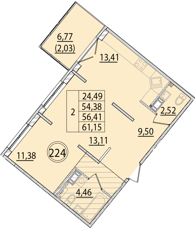 2-комнатная квартира, 54.38 м² - планировка, фото №1