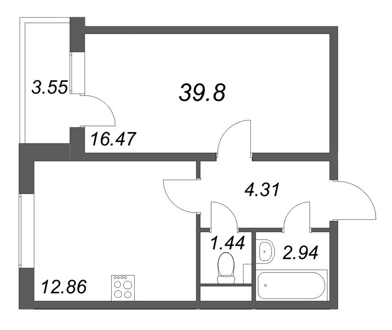 1-комнатная квартира, 39.8 м² в ЖК "АРО" - планировка, фото №1