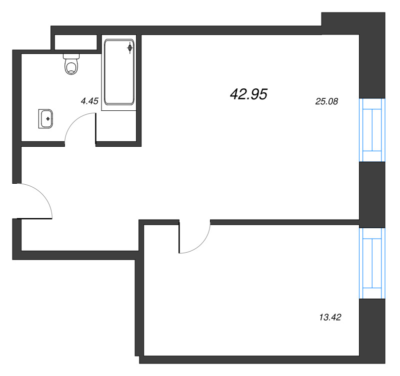 2-комнатная (Евро) квартира, 42.95 м² в ЖК "ЙЕС Лидер" - планировка, фото №1