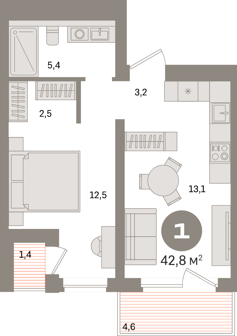 1-комнатная квартира, 47 м² в ЖК "Северный ветер" - планировка, фото №1