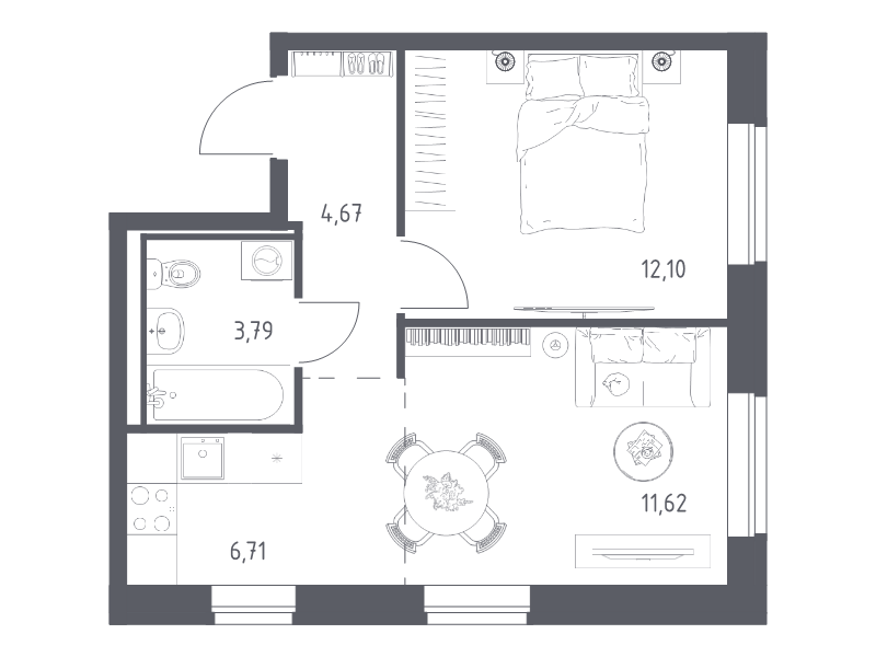 2-комнатная (Евро) квартира, 38.89 м² в ЖК "Живи! В Рыбацком" - планировка, фото №1