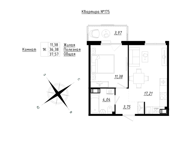2-комнатная (Евро) квартира, 37.57 м² в ЖК "Счастье 2.0" - планировка, фото №1