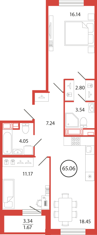 3-комнатная (Евро) квартира, 65.06 м² в ЖК "Энфилд" - планировка, фото №1