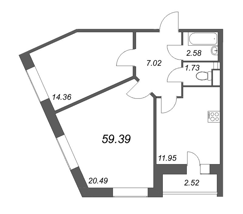2-комнатная квартира, 59.39 м² - планировка, фото №1