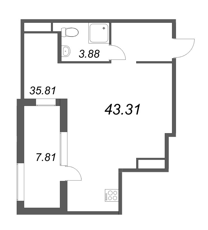 Квартира-студия, 43.31 м² - планировка, фото №1