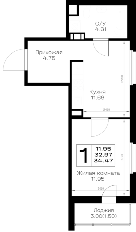 1-комнатная квартира, 34.47 м² в ЖК "Борский" - планировка, фото №1