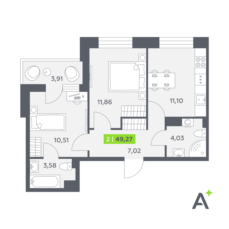 2-комнатная квартира, 49.27 м² в ЖК "Аквилон РекаПарк" - планировка, фото №1