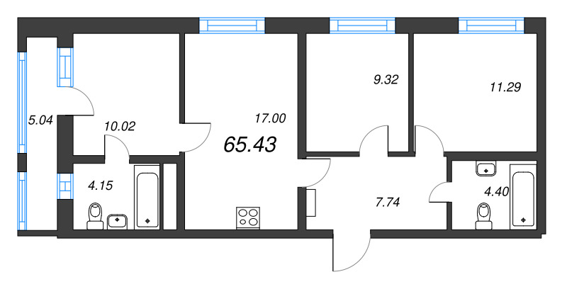 4-комнатная (Евро) квартира, 65.43 м² в ЖК "Старлайт" - планировка, фото №1
