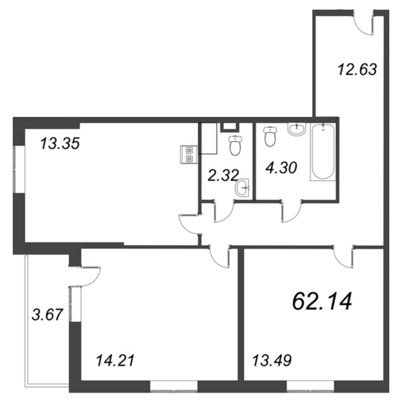 2-комнатная квартира, 62.14 м² - планировка, фото №1