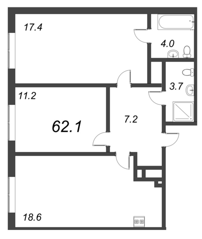 3-комнатная (Евро) квартира, 62.1 м² в ЖК "Парусная 1" - планировка, фото №1