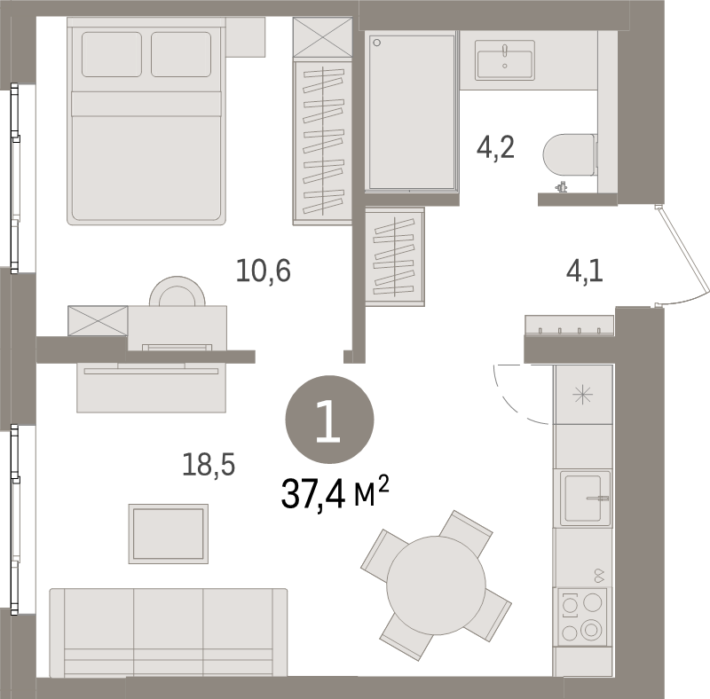 2-комнатная (Евро) квартира, 37.4 м² в ЖК "Брусника в Новоселье" - планировка, фото №1
