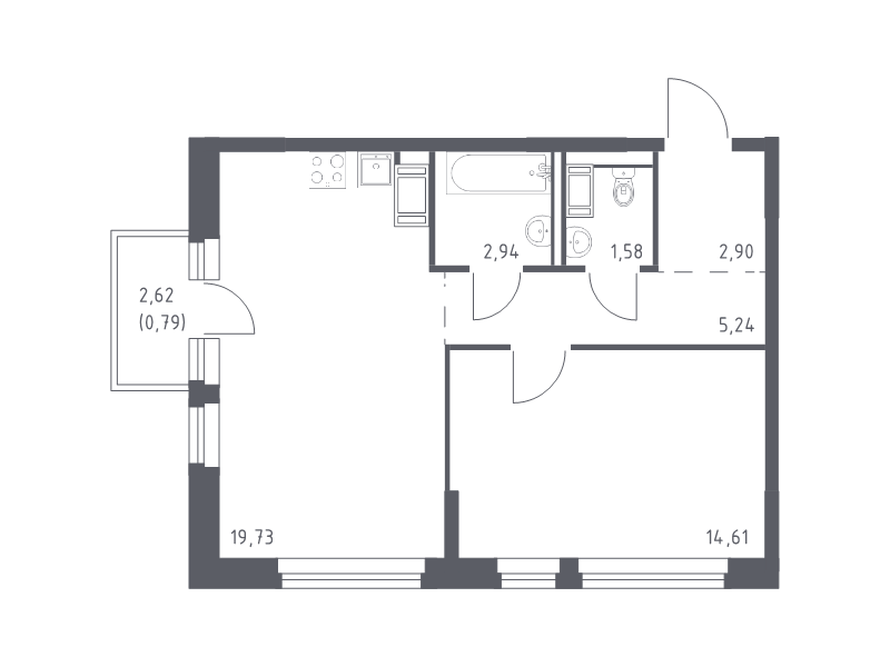 2-комнатная (Евро) квартира, 47.79 м² - планировка, фото №1