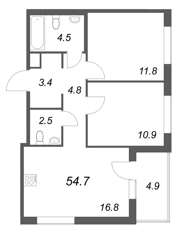 3-комнатная (Евро) квартира, 54.7 м² в ЖК "Передвижники" - планировка, фото №1