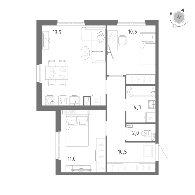 3-комнатная (Евро) квартира, 58.3 м² - планировка, фото №1